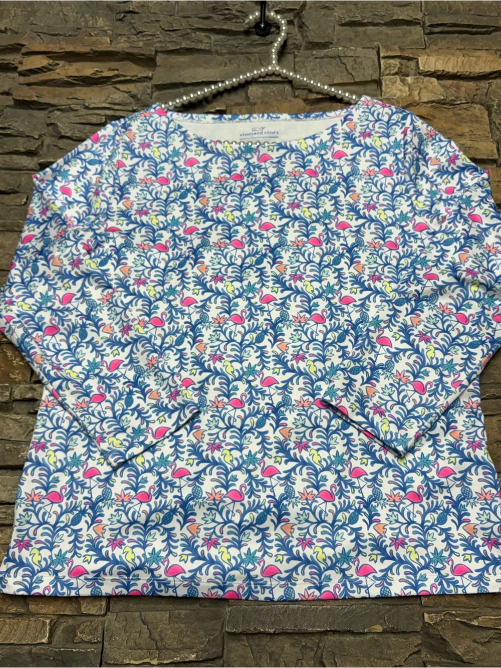 Vineyard Vines Printed Sankaty Simple Boatneck Tee Shirt Sz L UPF 50 Flamingo